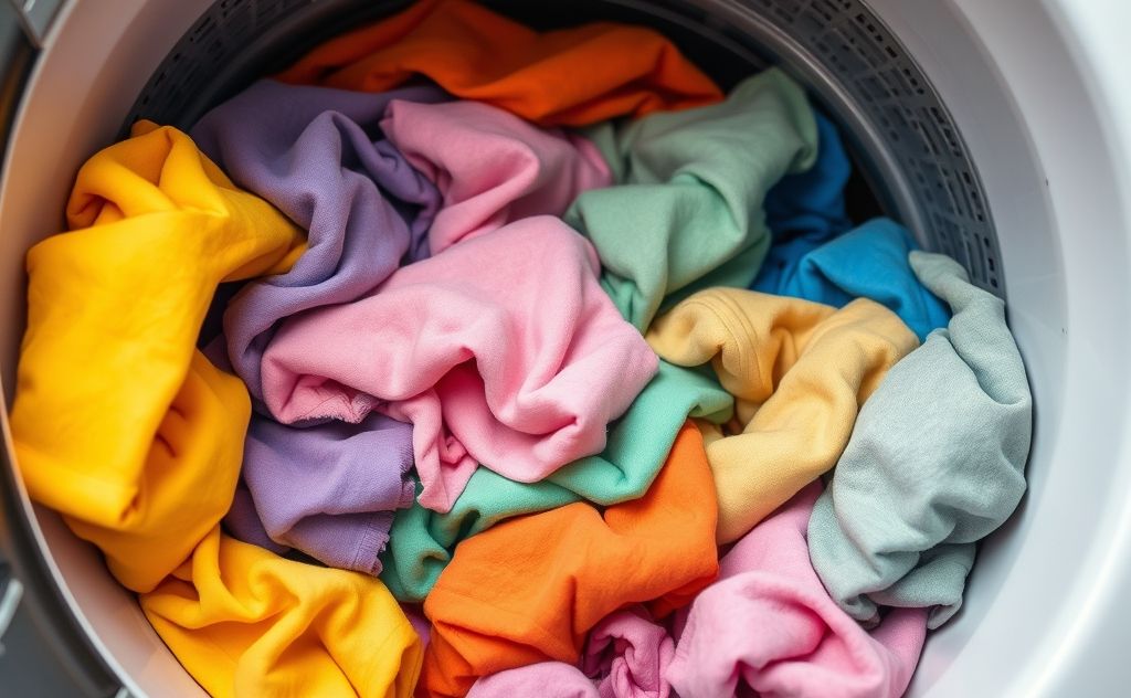 A vibrant assortment of colored clothes in a washing machine.