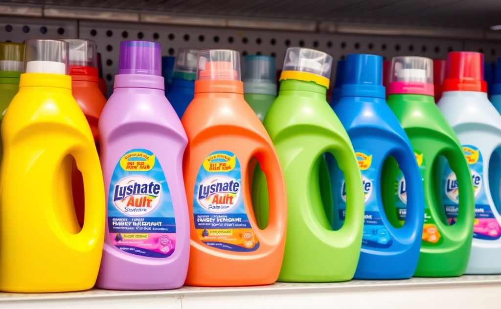 A vibrant assortment of colorful laundry detergent bottles on a shelf.