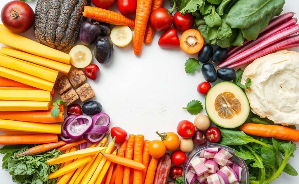 A vibrant assortment of colorful nutrient-rich foods arranged in a circle.