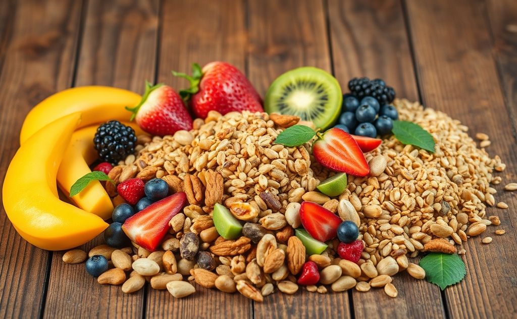 A vibrant assortment of energy-boosting foods on a wooden table