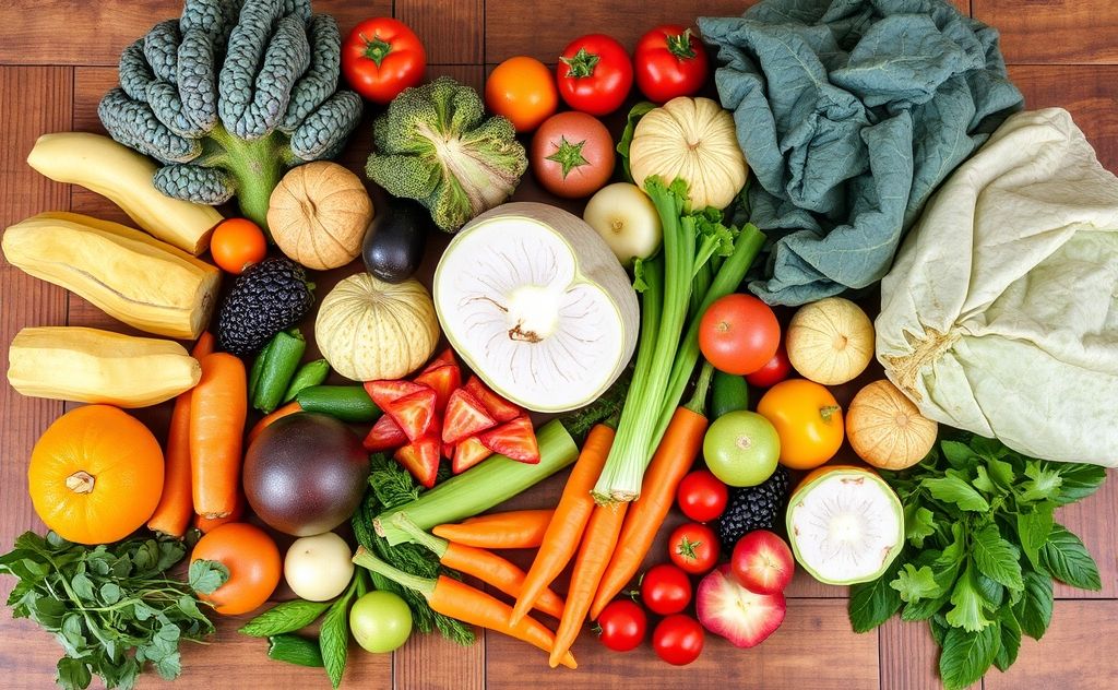 A vibrant assortment of heart-healthy plant foods on a wooden table.