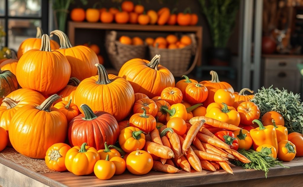 A vibrant assortment of orange fruits and vegetables on a table.