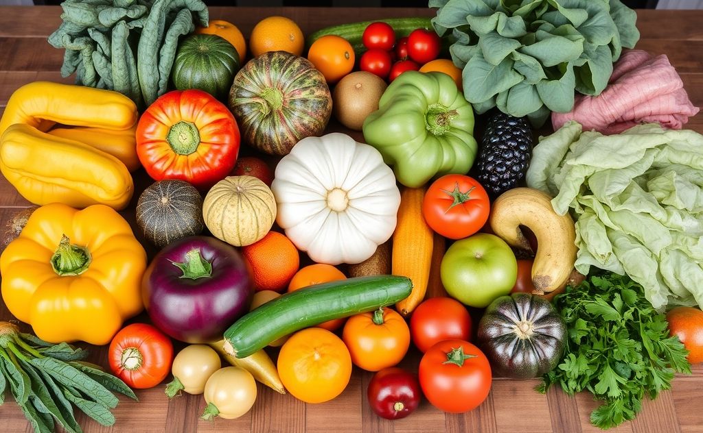 A vibrant assortment of organic fruits and vegetables on a wooden table.