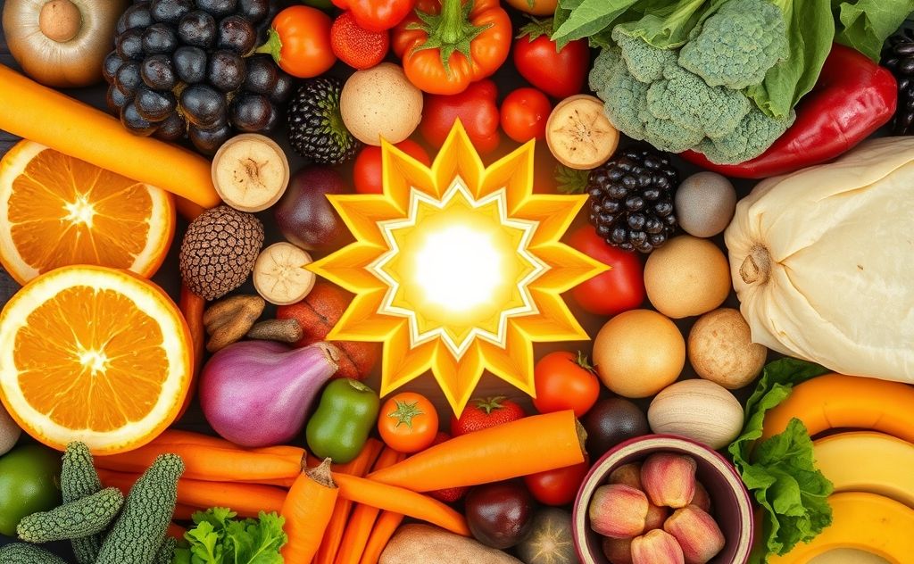 A vibrant assortment of power foods surrounding a glowing solar plexus chakra.