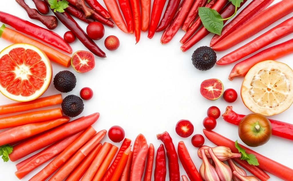A vibrant assortment of red foods arranged in a harmonious circle.