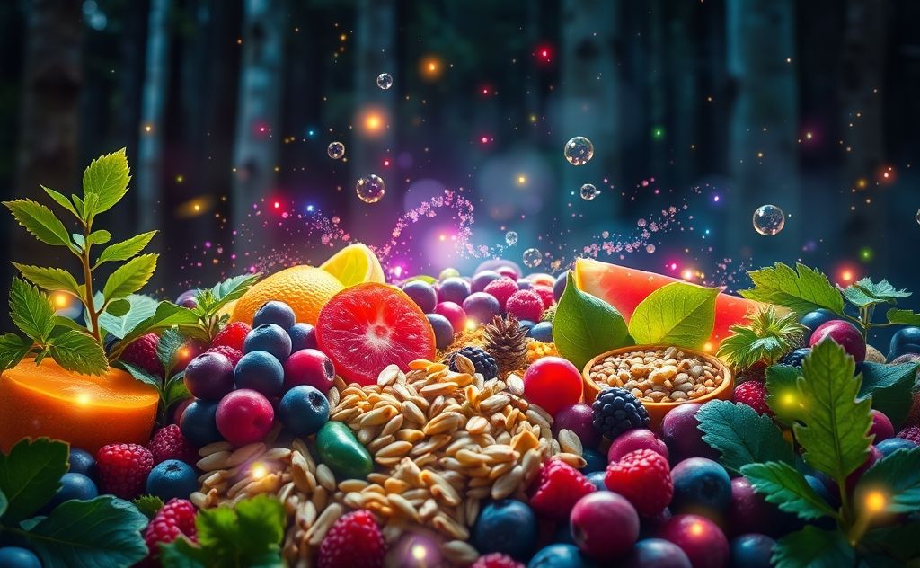 A vibrant assortment of superfoods with a mystical aura.