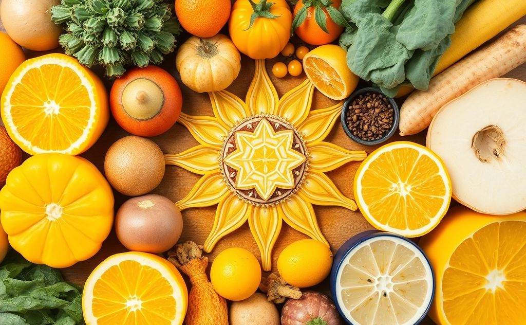 A vibrant assortment of yellow and golden foods representing solar plexus nutrition.
