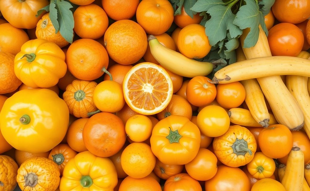 A vibrant assortment of yellow and orange fruits and vegetables.