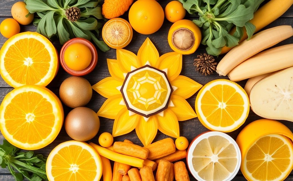 A vibrant assortment of yellow foods representing the Solar Plexus Chakra.