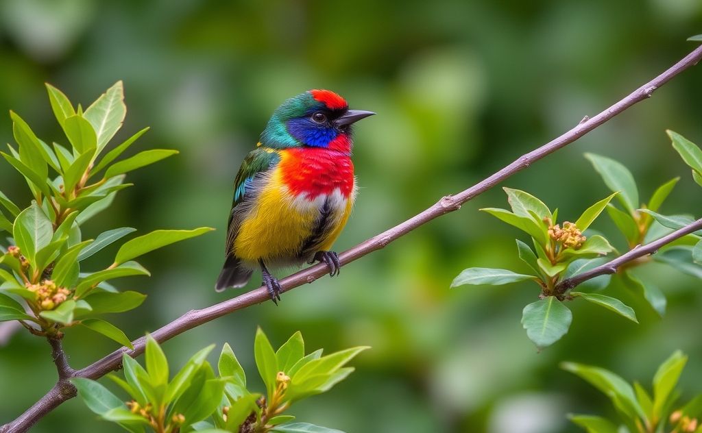 A vibrant bird perched on a branch surrounded by fresh foliage.