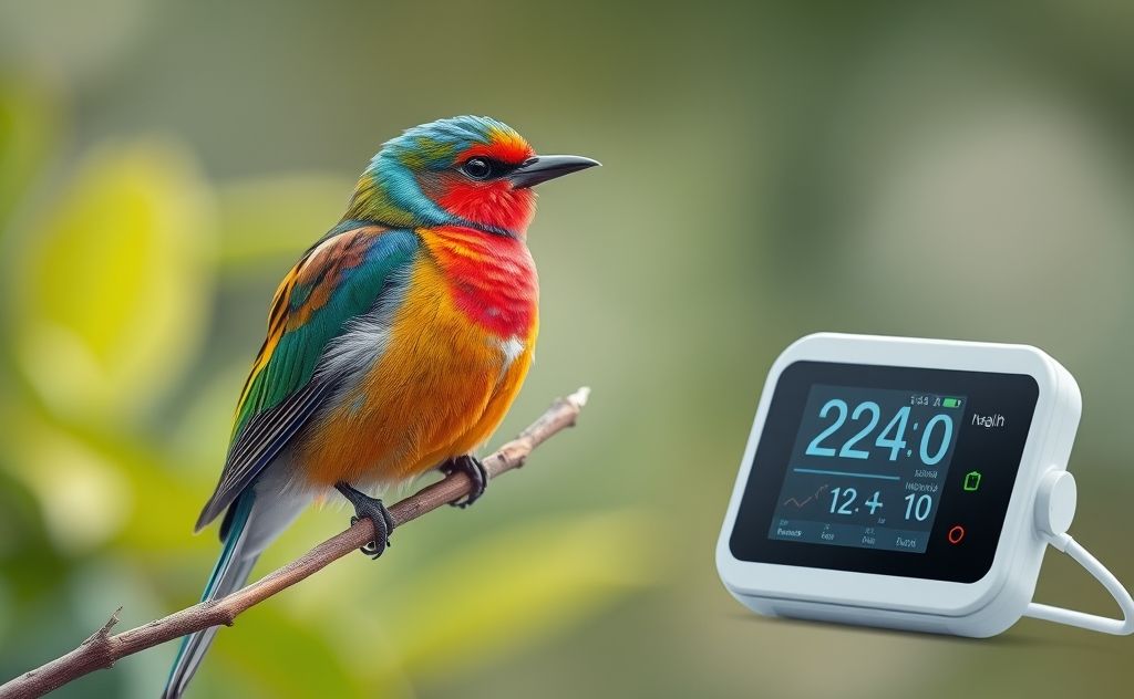 A vibrant bird perched on a branch with a digital health monitor nearby.