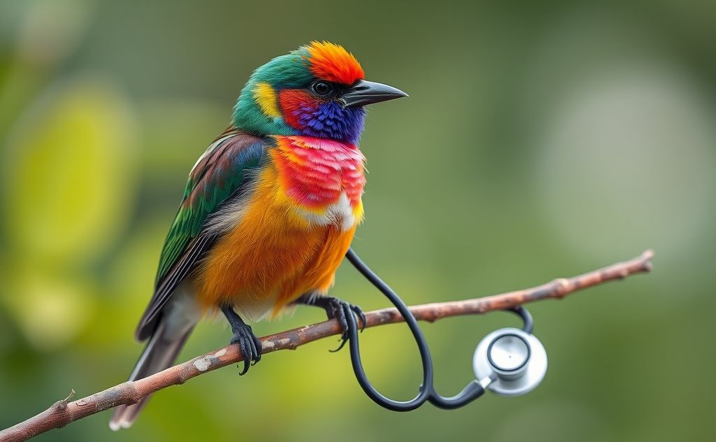 A vibrant bird perched on a branch with a stethoscope nearby.