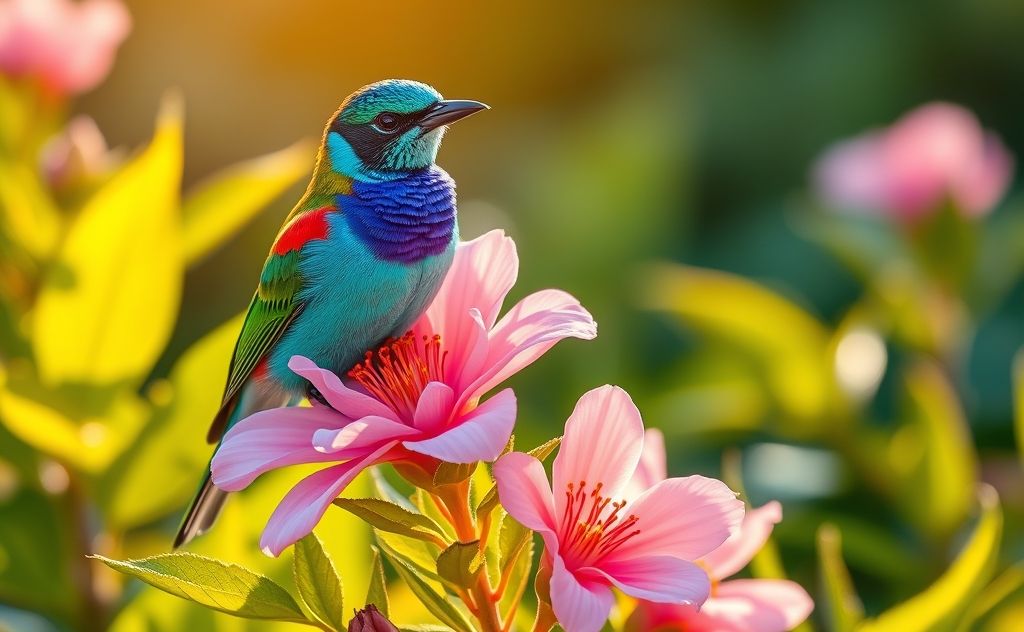 A vibrant bird with a blue chest perched on a blooming flower.