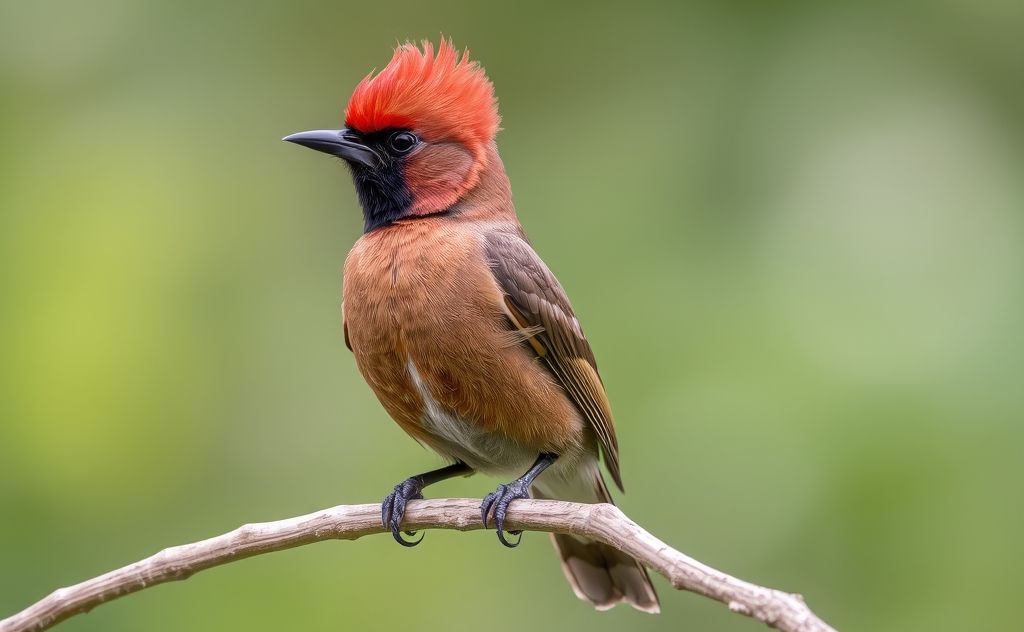 A vibrant bird with a brown body and a striking red head perched on a branch.