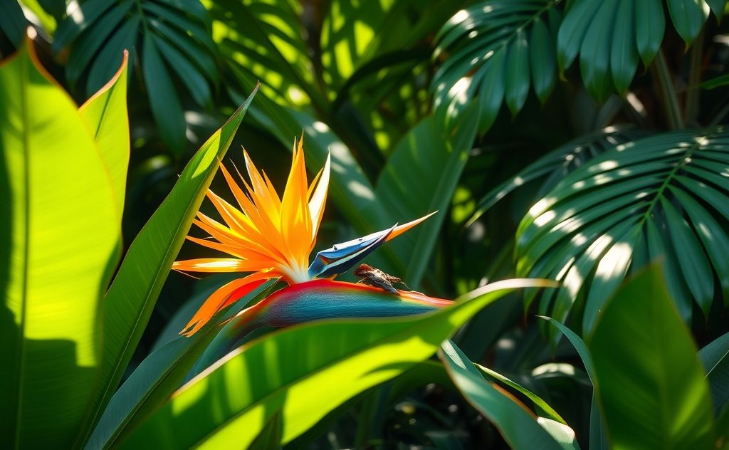 A vibrant birds of paradise perched among tropical foliage.