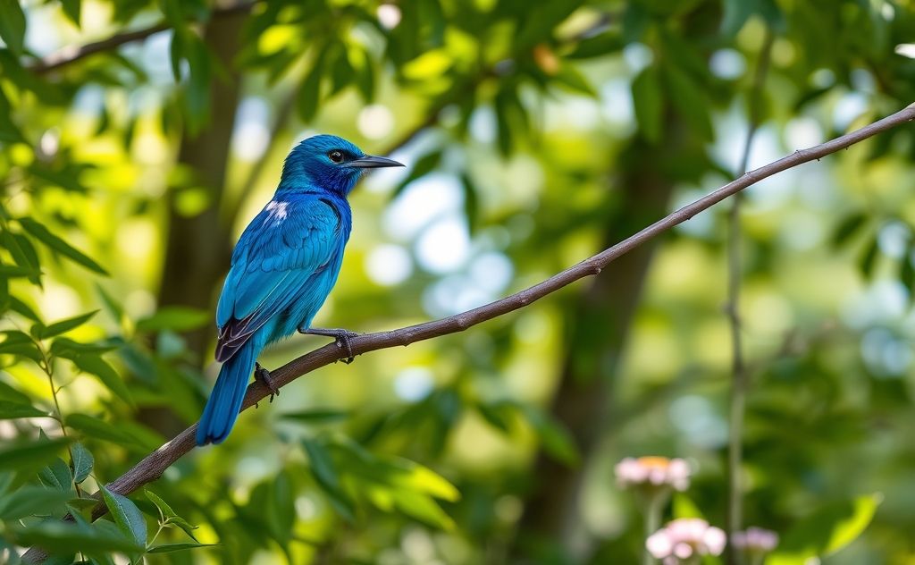 A vibrant blue bird perched on a branch in a natural setting.