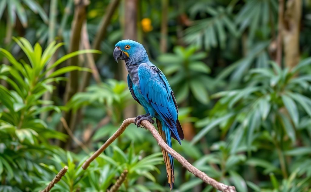 A vibrant blue parrot perched on a branch in a lush forest.