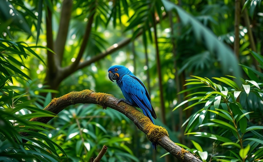 A vibrant blue parrot perched on a branch in a lush rainforest.