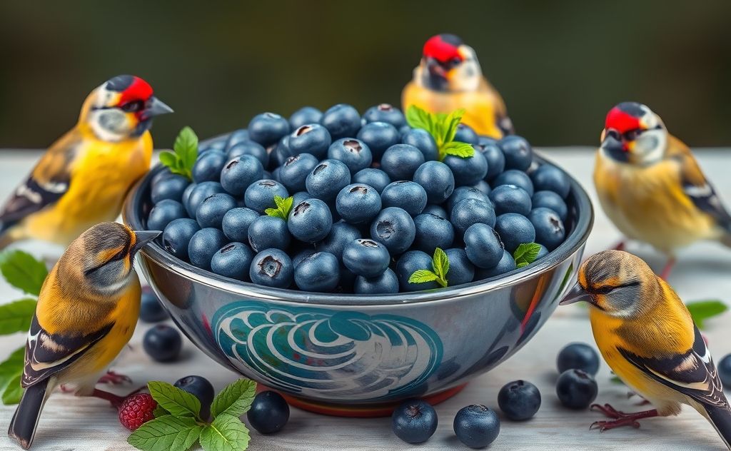 A vibrant bowl of fresh blueberries surrounded by finches.