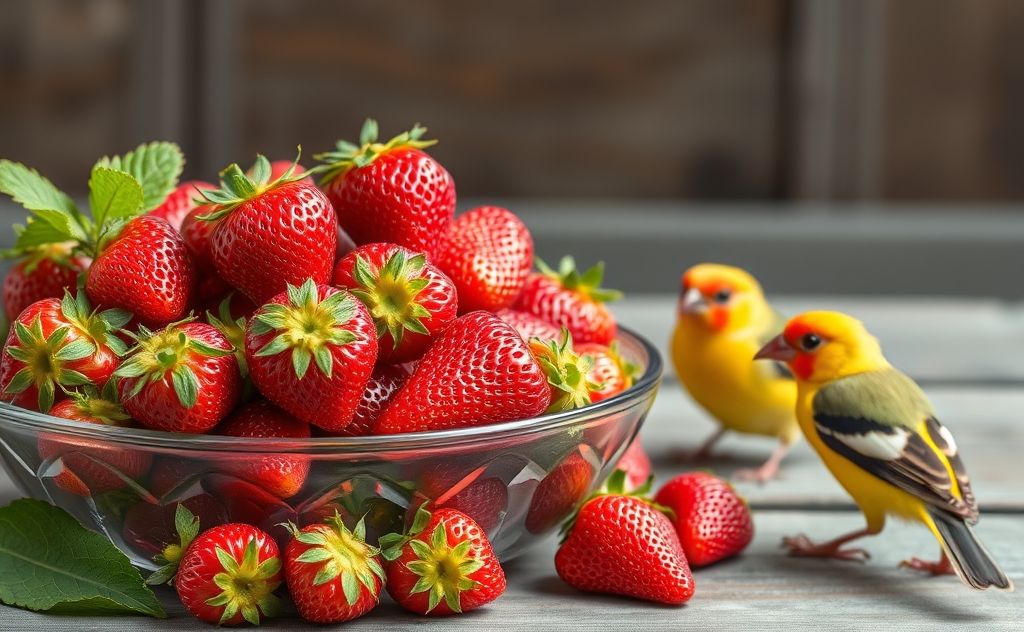 A vibrant bowl of fresh strawberries with a few finches nearby.