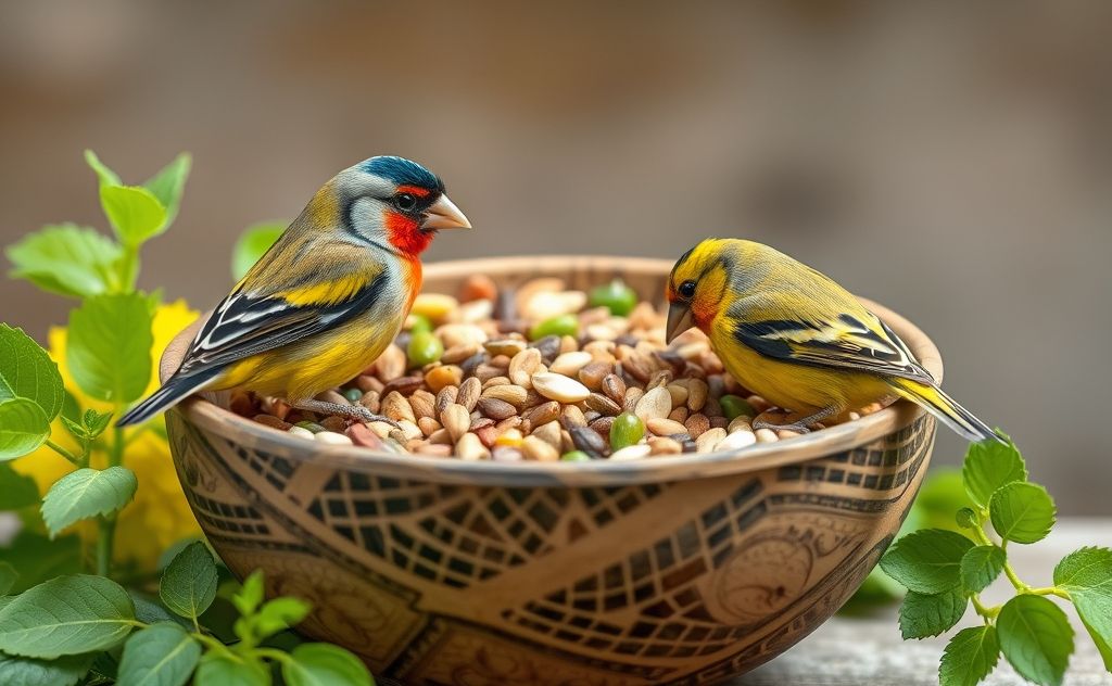A vibrant bowl of seeds and greens for breeding society finches.
