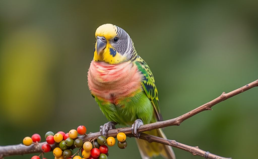 A vibrant budgie perched on a branch surrounded by colorful seeds.