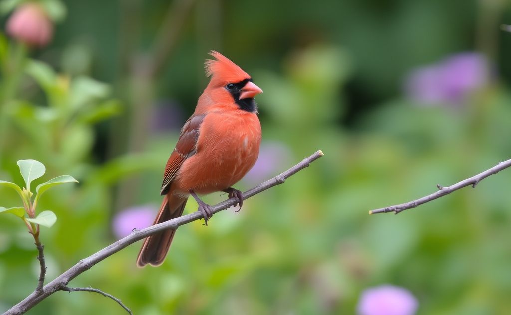 A vibrant cardinal perched on a branch in a serene garden setting.