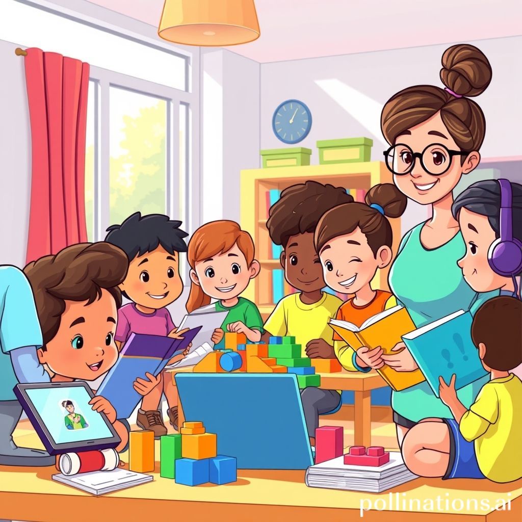 A vibrant cartoon illustration showing a diverse group of children learning in various personalized ways within a classroom setting. One child is using a tablet with a virtual tutor, another is reading a book quietly in a cozy corner, a small group is collaborating on a project with building blocks, and another is listening to audio lessons with headphones. A friendly, kind-looking teacher with glasses is observing them all with a supportive smile, holding a clipboard. The room is bright and colorful, suggesting an adaptable and modern learning environment.