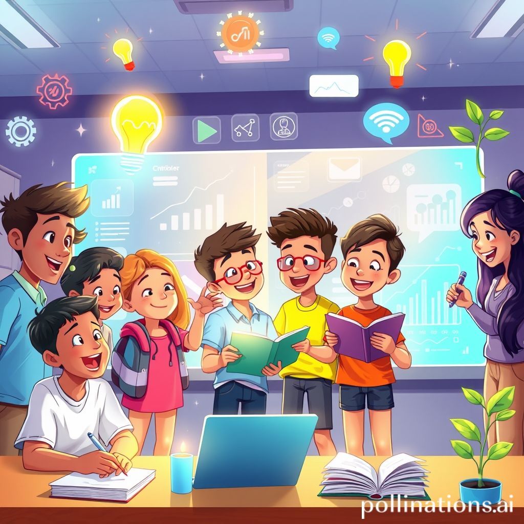 A vibrant cartoon illustration showing a diverse group of students (boys and girls of various ages and ethnicities) happily engaged in a futuristic, bright learning environment. They are interacting with holographic screens showing graphs and data, some are collaborating on a whiteboard, one is sketching with a glowing pen, and another is reading an e-book on a tablet. Floating around them are colorful icons representing various skills: a lightbulb for creativity, gears for critical thinking, speech bubbles for communication, a Wi-Fi symbol for digital literacy, and a growing plant for lifelong learning. The overall mood is positive, dynamic, and inspiring.