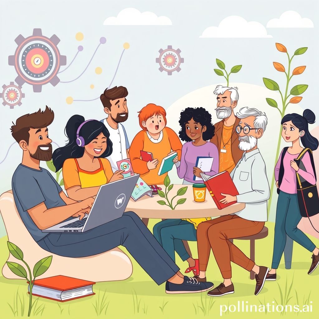 A vibrant cartoon illustration showing diverse people of various ages (young adult, middle-aged, senior) actively engaged in different forms of learning. One person is on a laptop with online course icons, another is reading a physical book, a group is collaborating and discussing ideas, and someone else is listening to a podcast on headphones while walking. The background has subtle elements of technology (gears, data lines) and nature (a growing plant) symbolizing growth and knowledge in a modern world. The overall mood is positive, curious, and empowering.