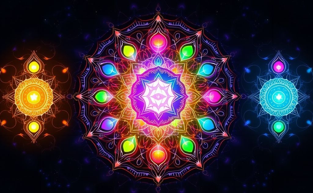 A vibrant chakra blueprint with colorful energy centers and patterns.