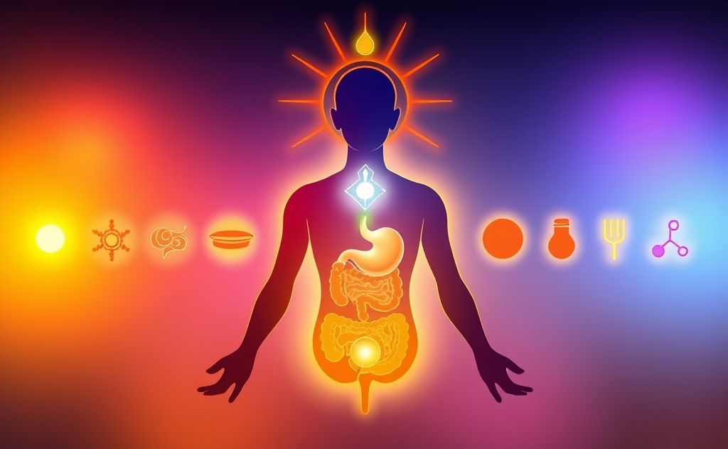 A vibrant chakra diagram with digestive health symbols and colors.