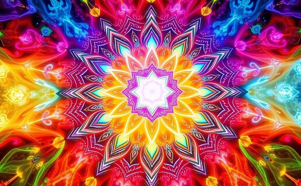 A vibrant chakra energy grid with colorful energy centers and patterns.