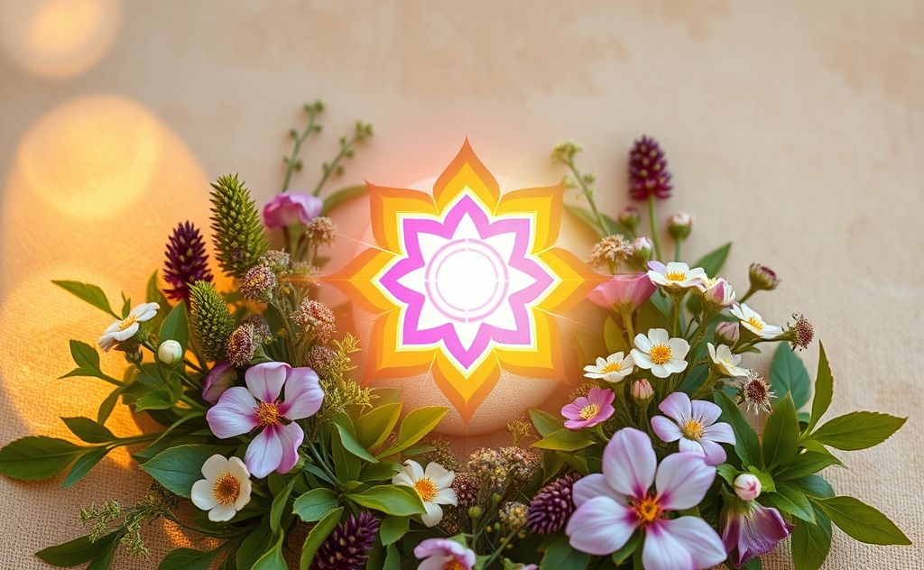 A vibrant chakra symbol surrounded by aromatic herbs and flowers.