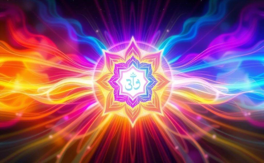 A vibrant chakra symbol surrounded by colorful energy waves.