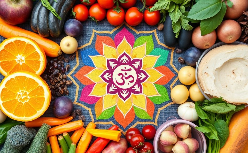 A vibrant chakra symbol surrounded by colorful nutrient-rich foods.