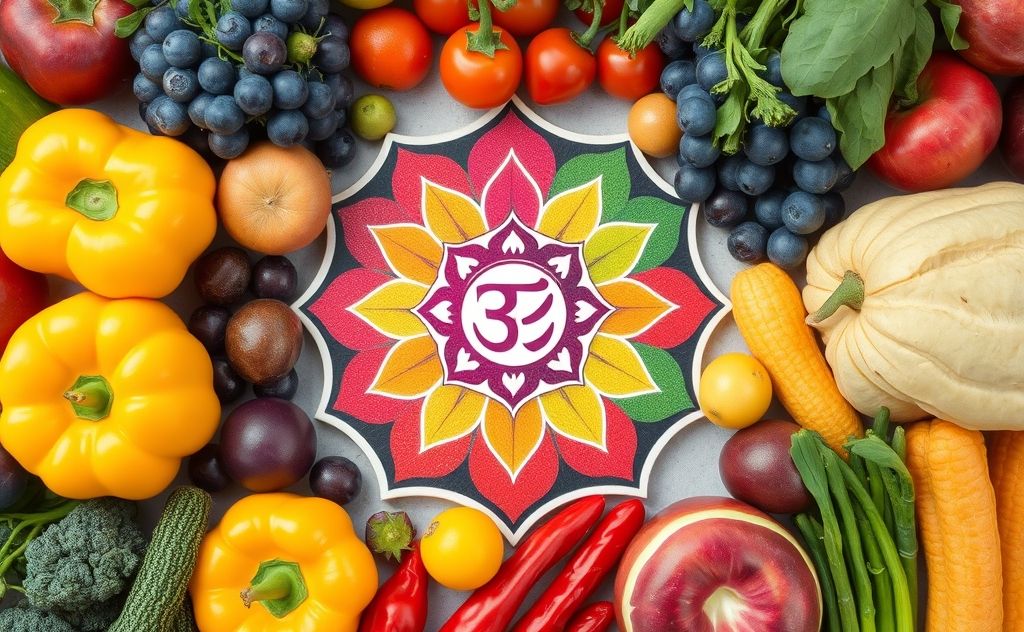 A vibrant chakra symbol surrounded by fresh, colorful fruits and vegetables.