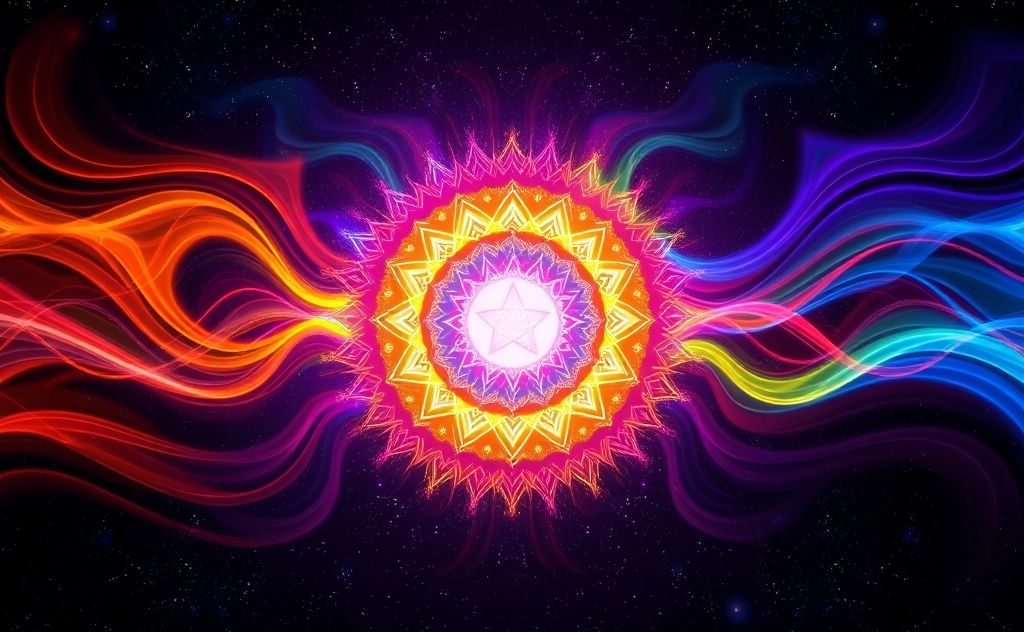 A vibrant chakra wheel surrounded by colorful energy waves.