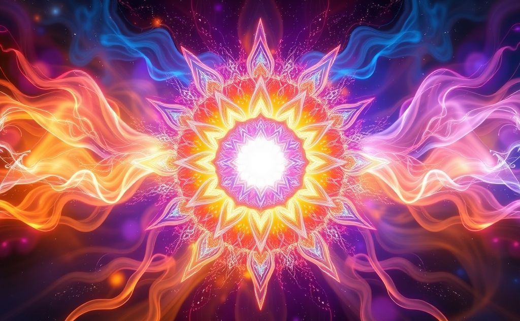 A vibrant chakra wheel surrounded by flowing energy and light.