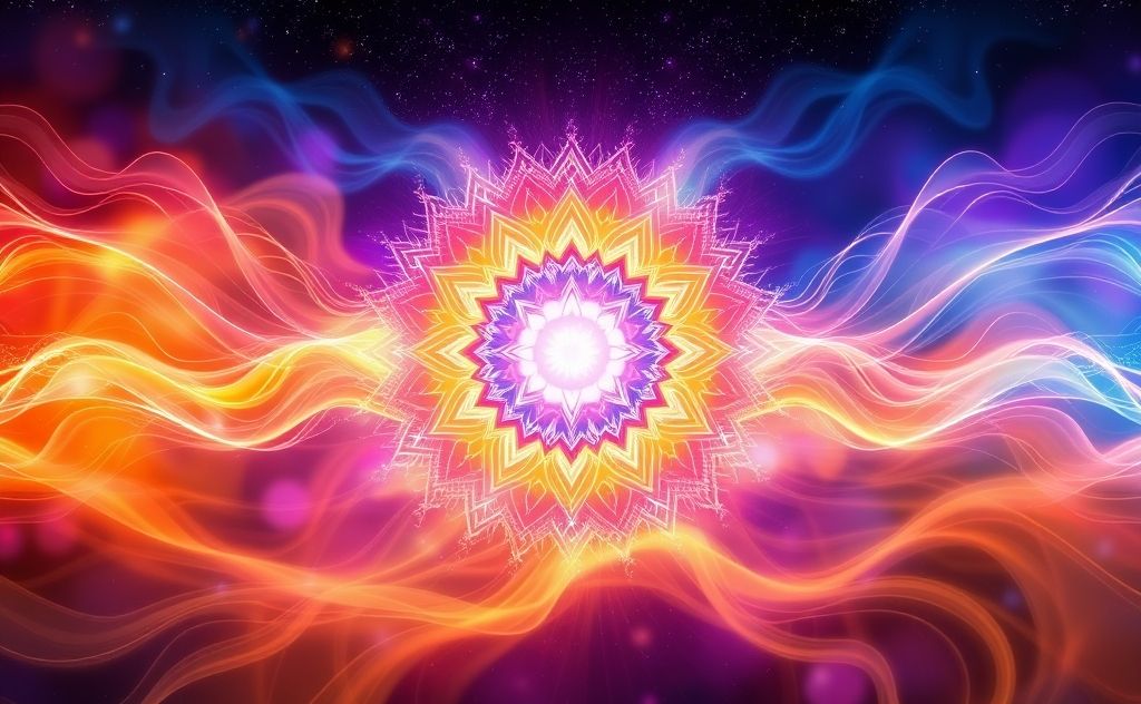 A vibrant chakra wheel surrounded by flowing energy waves.
