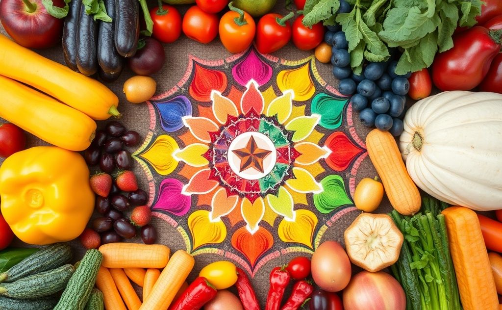 A vibrant chakra wheel surrounded by fresh, colorful fruits and vegetables.