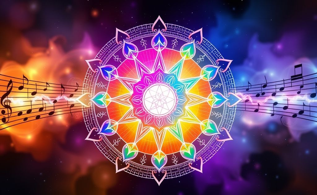 A vibrant chakra wheel surrounded by musical notes and sound waves.