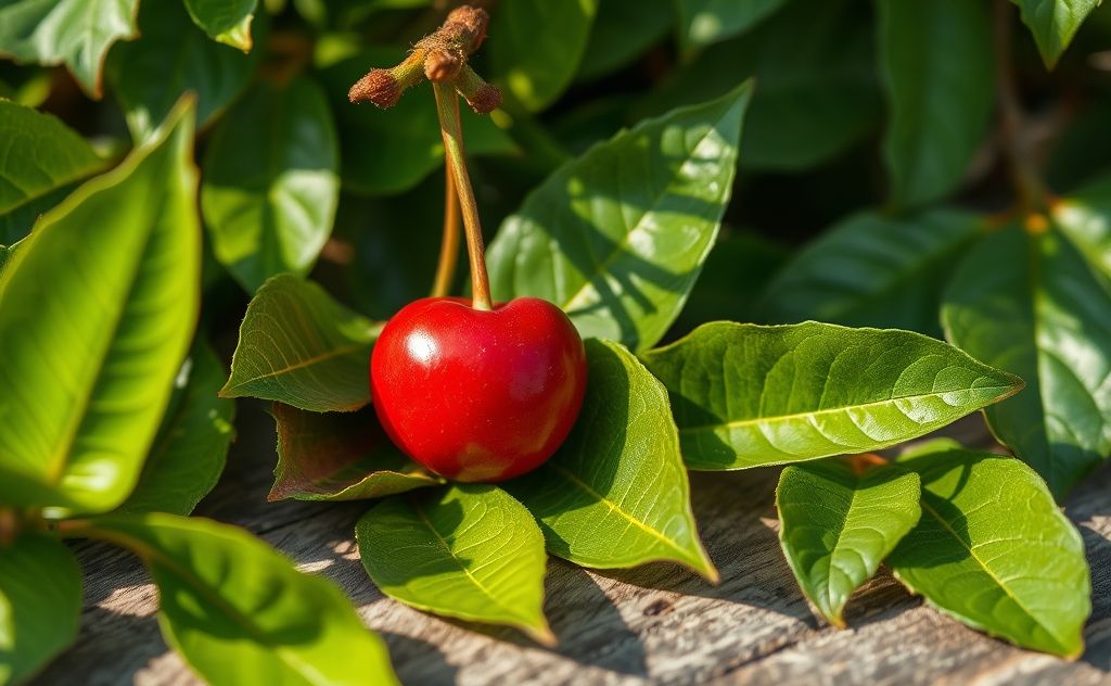 A vibrant cherry surrounded by green leaves on a wooden table.
