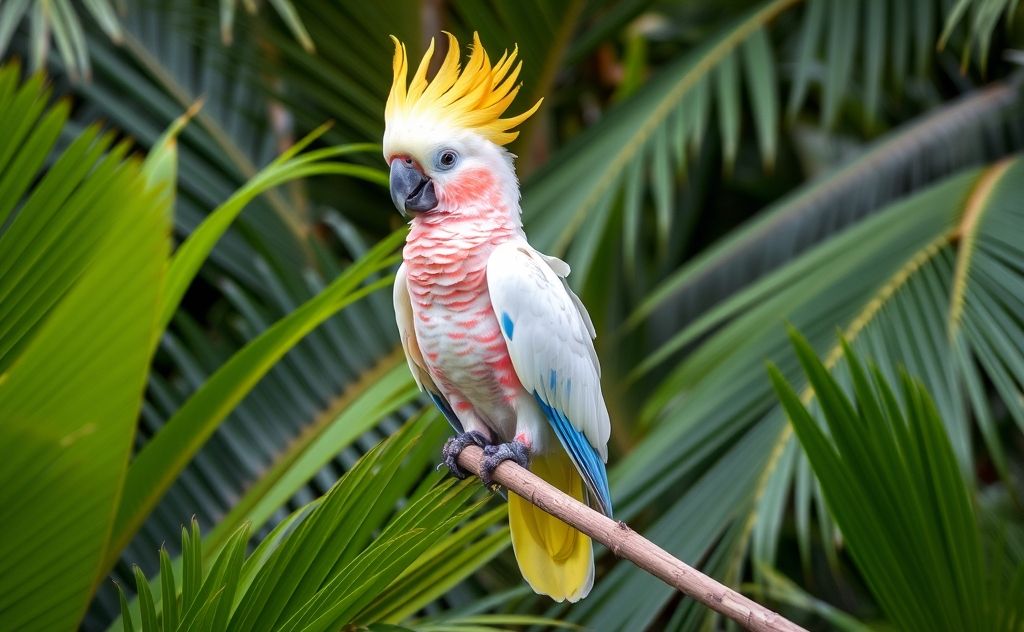 A vibrant cockatoo perched on a branch surrounded by tropical foliage.