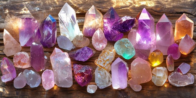 A vibrant collection of assorted tumbled crystals, including amethyst, rose quartz, clear quartz, and citrine, arranged artfully on a natural wood surface, illuminated by soft, ethereal light.