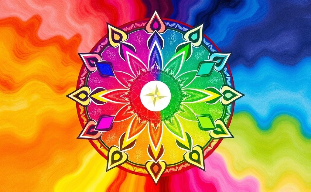 A vibrant color wheel surrounded by the seven chakra symbols.