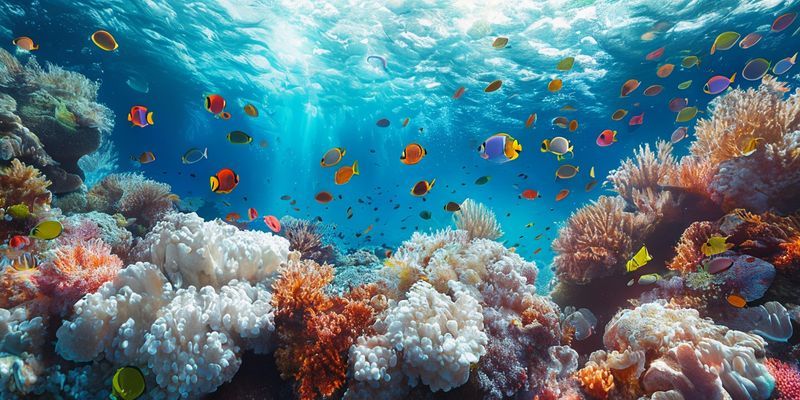 صورة لشعاب مرجانية حيوية تظهر عليها علامات ابيضاض جزئي، مع أسماك ملونة تسبح بالقرب، في مياه زرقاء صافية، تجسد تأثير التغيرات المناخية على النظم البيئية البحرية التي تجذب السياح.