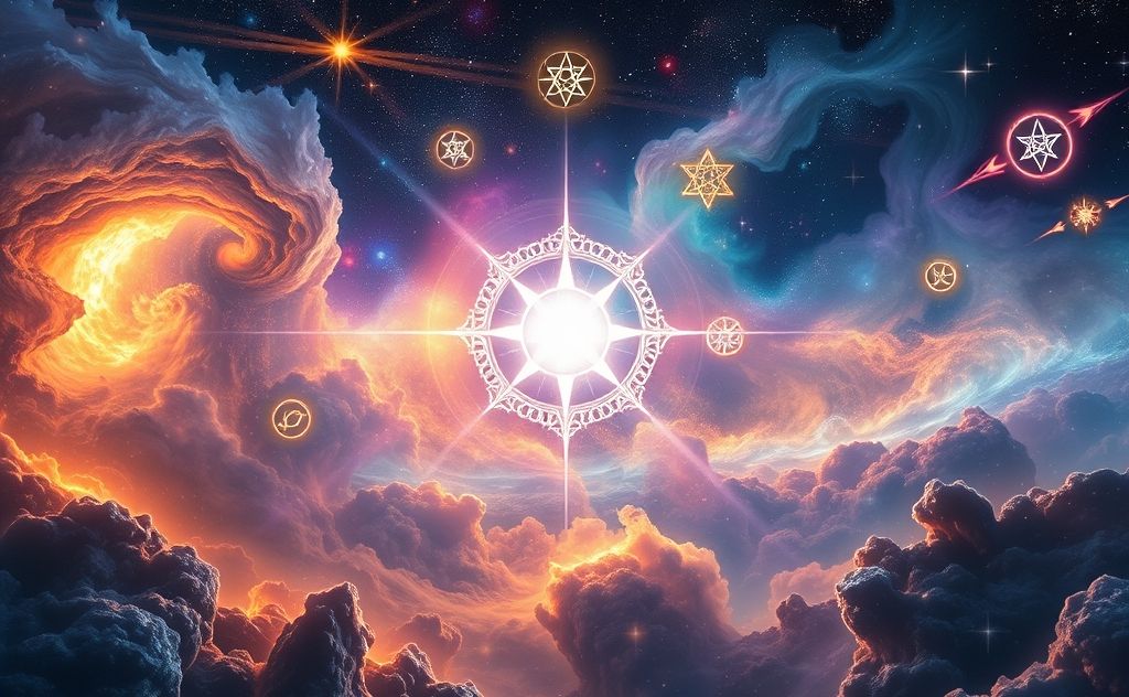 A vibrant cosmic landscape with sacred symbols radiating light.
