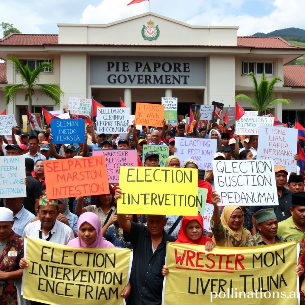 A vibrant crowd of various community figures in Papua, including those in traditional attire and modern clothing, protesting peacefully in front of a government building. They hold up diverse banners with bold slogans against election intervention. The atmosphere reflects serious concern yet determined unity, with a touch of the unique Papua landscape in the background.