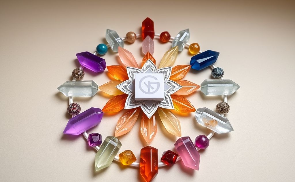 A vibrant crystal grid arranged in a harmonious chakra layout.